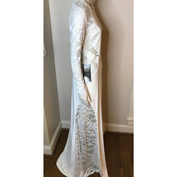 Bebe White Long Sleeve Cut Out Lace Gown M Bohemian Formal Maxi Dress Wedding - Picture 8 of 16